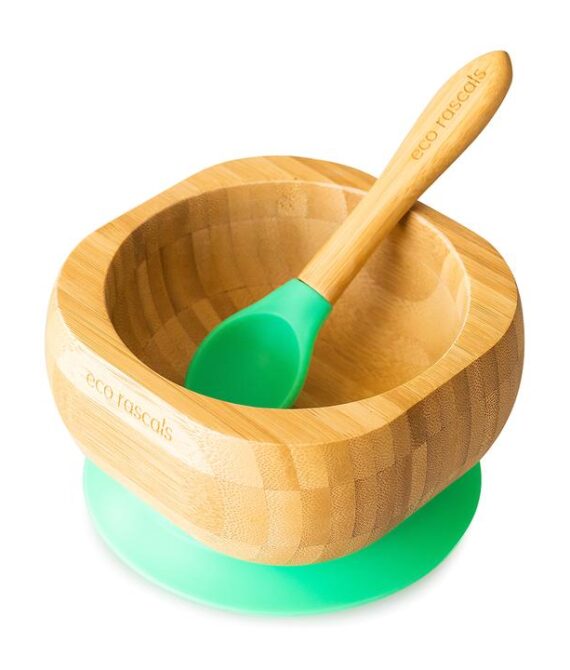 Bamboo Suction Bowl & Spoon Green