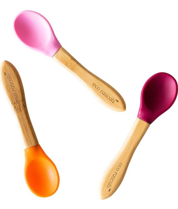 Bamboo spoons for babies and toddlers 4m+, Orange, Pink, Red