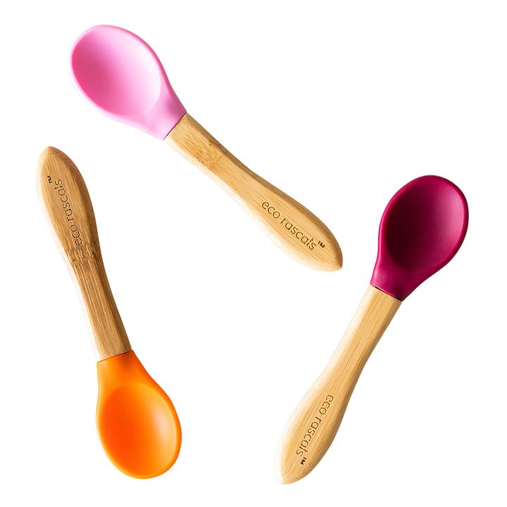 Bamboo spoons for babies and toddlers 4m+, Orange, Pink, Red