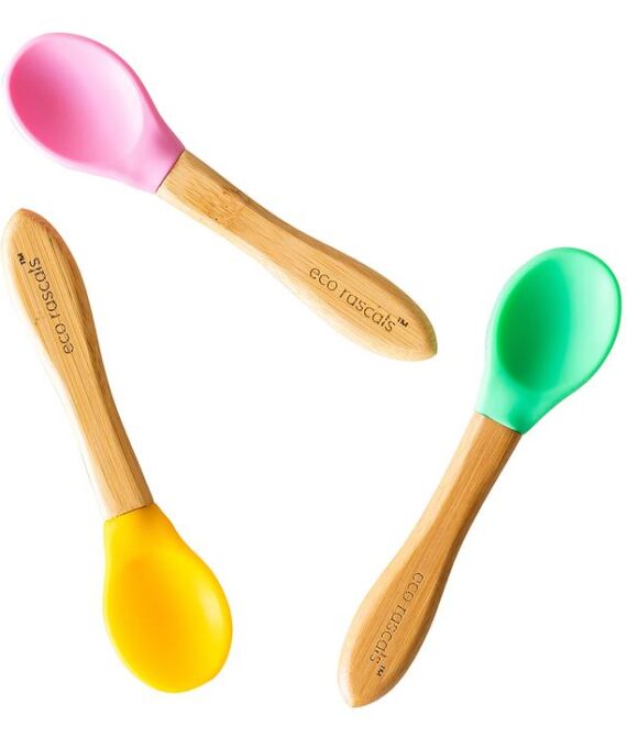 BAMBOO SPOONS FOR BABIES AND TODDLERS 4M+, Green, Pink, Yellow