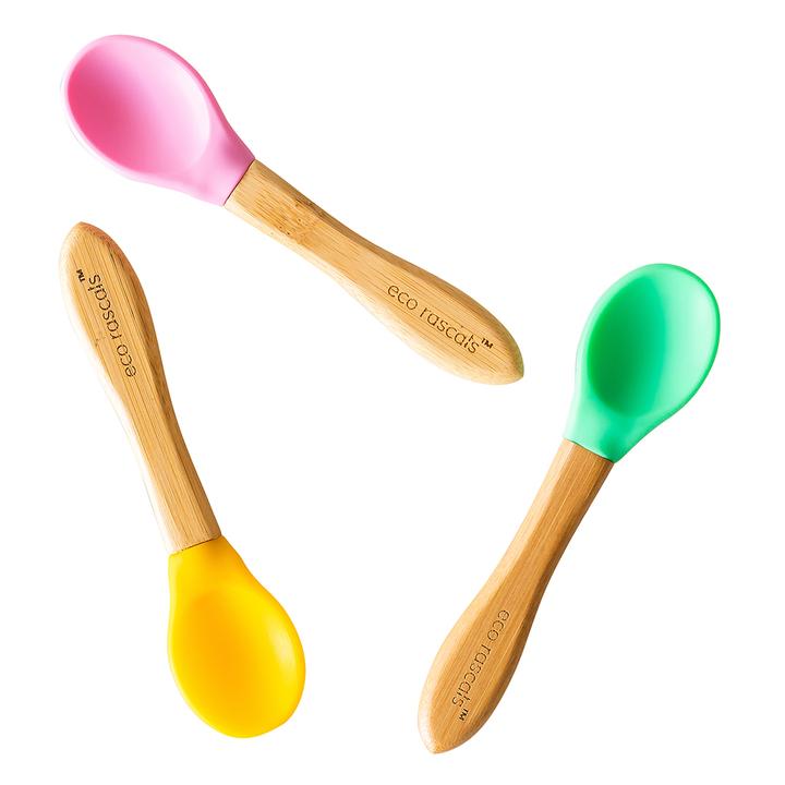 BAMBOO SPOONS FOR BABIES AND TODDLERS 4M+, Green, Pink, Yellow