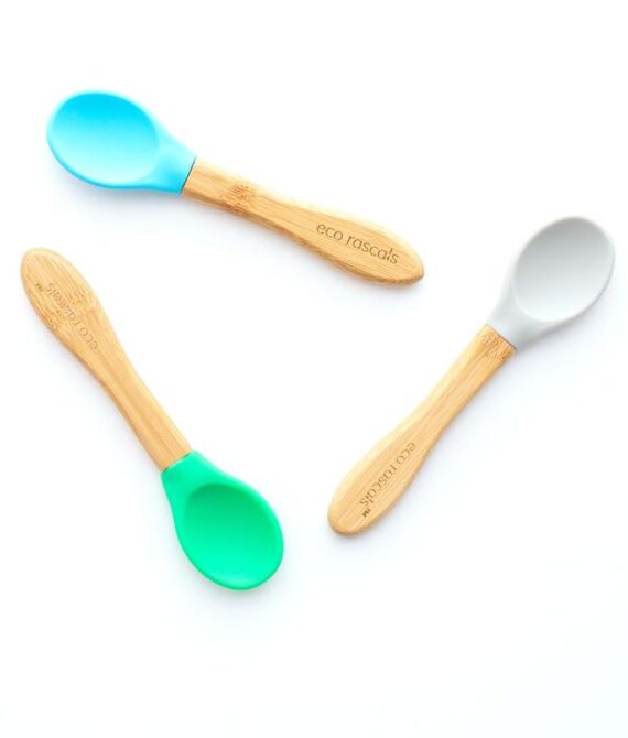 Bamboo spoons for babies and toddlers 4m+, Blue, Green, Gray