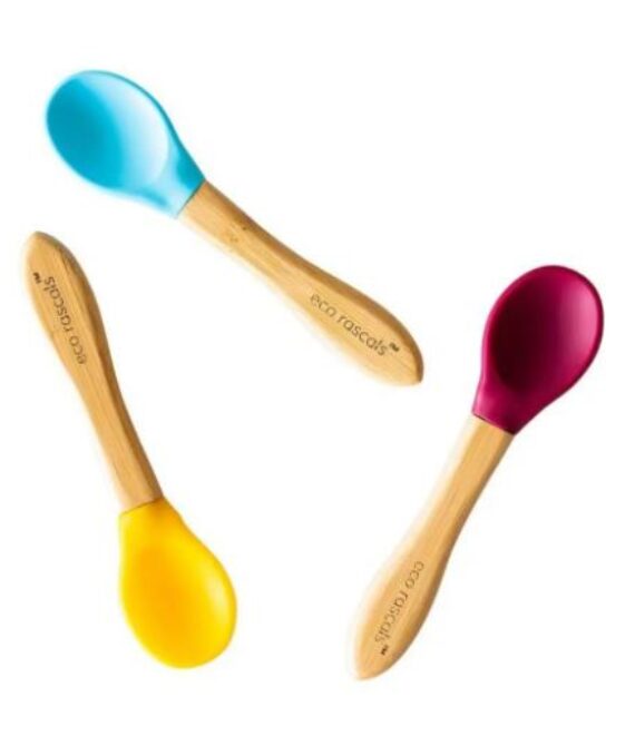 BAMBOO SPOONS FOR BABIES AND TODDLERS 4M+, Blue, Red, Yellow