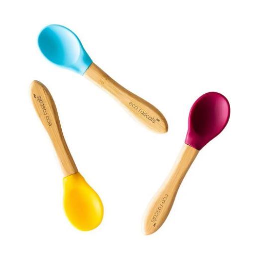 BAMBOO SPOONS FOR BABIES AND TODDLERS 4M+, Blue, Red, Yellow